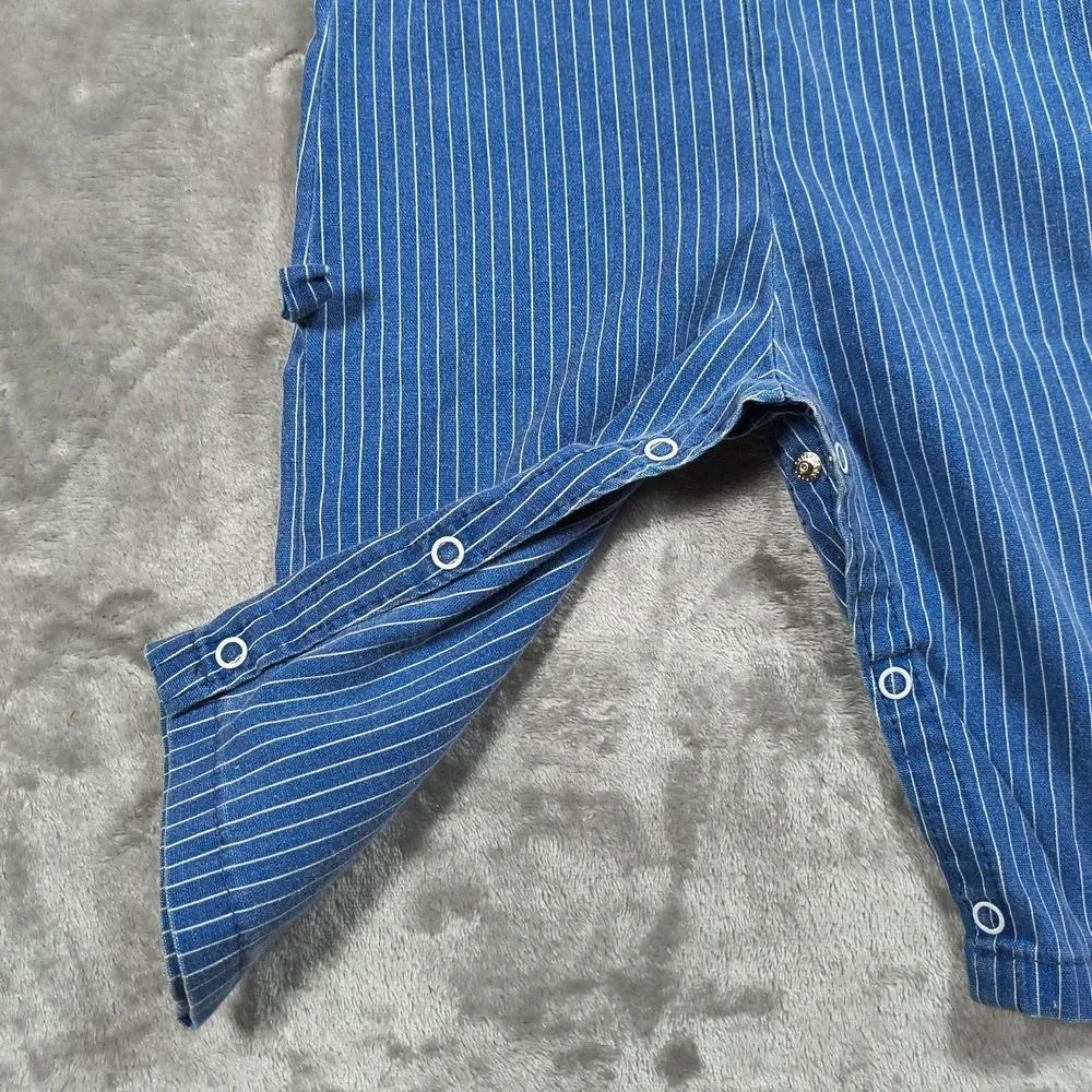 Vintage By Thomas Overalls Baby 12M Blue Pinstripe Train Cartoon Made In USA 80s